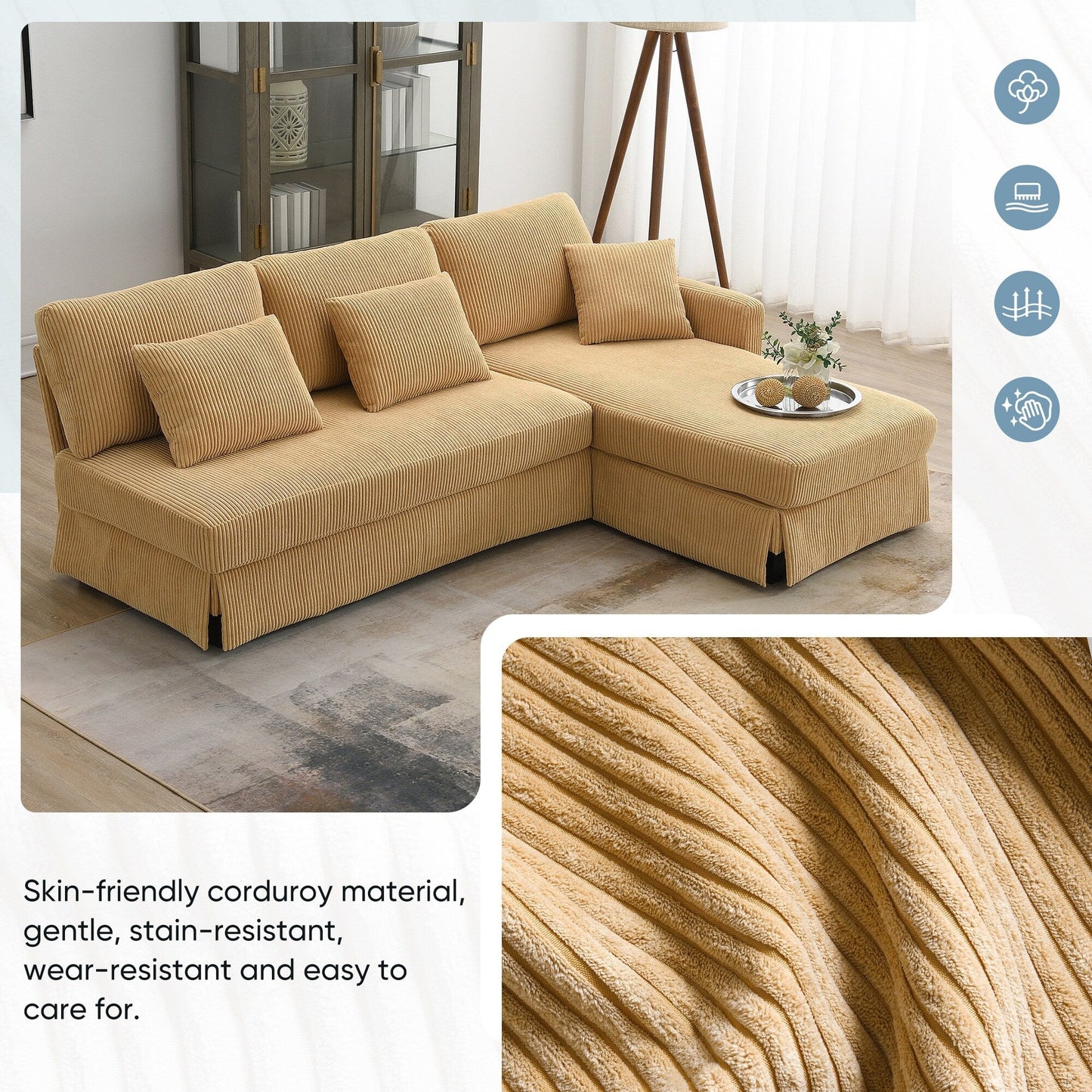 Yellow 87 L-Shaped 3-Seater Sofa with Reversible Chaise and 3 Cushions, Space-Saving Design for Living Room