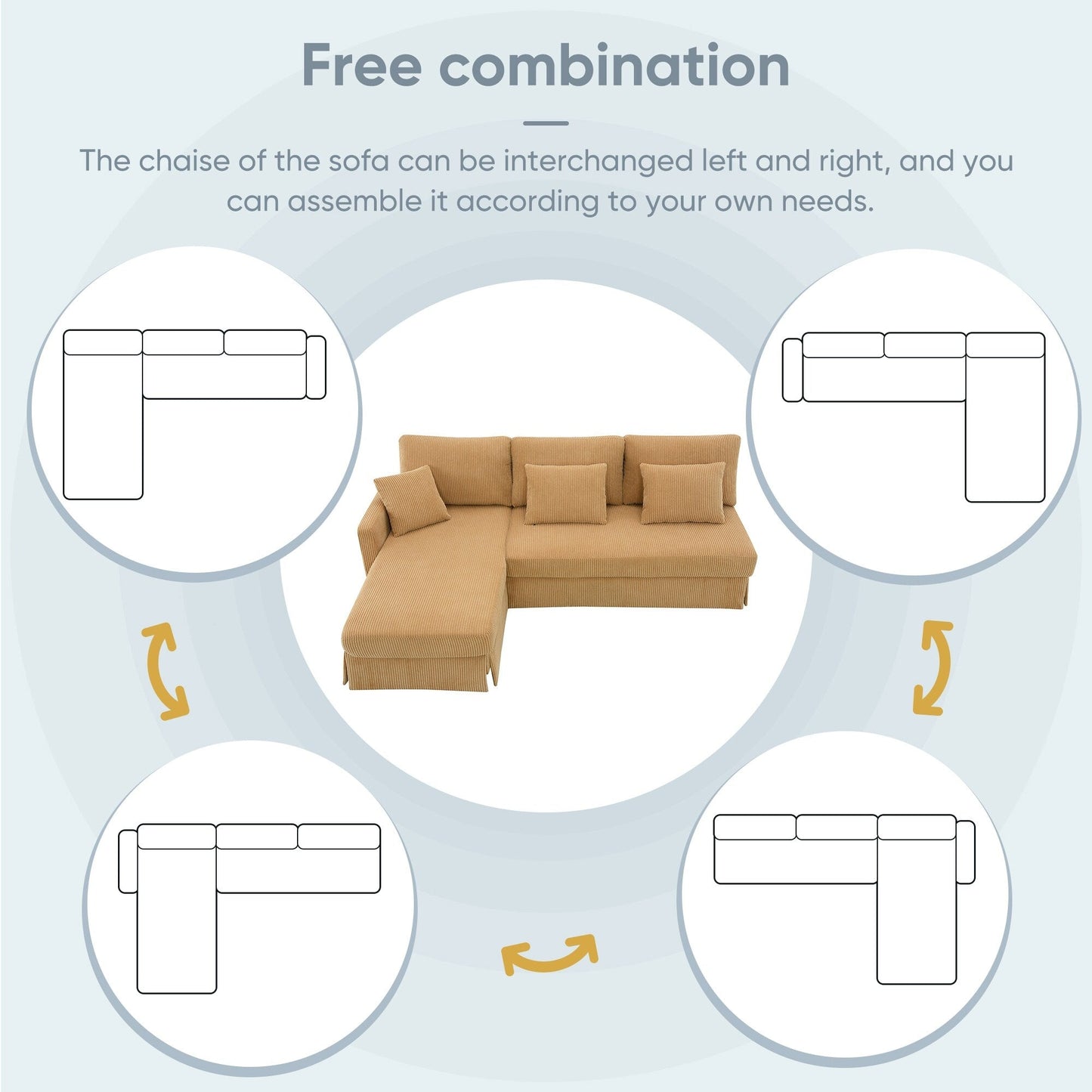 Yellow 87 L-Shaped 3-Seater Sofa with Reversible Chaise and 3 Cushions, Space-Saving Design for Living Room