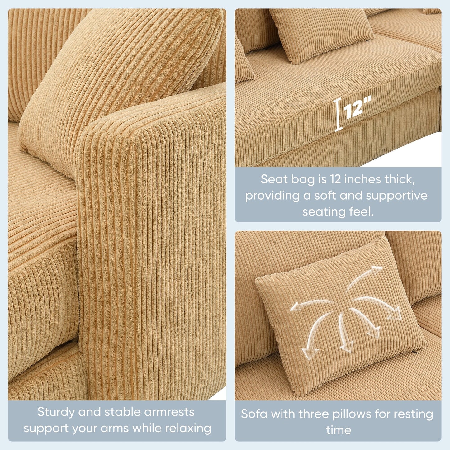 Yellow 87 L-Shaped 3-Seater Sofa with Reversible Chaise and 3 Cushions, Space-Saving Design for Living Room