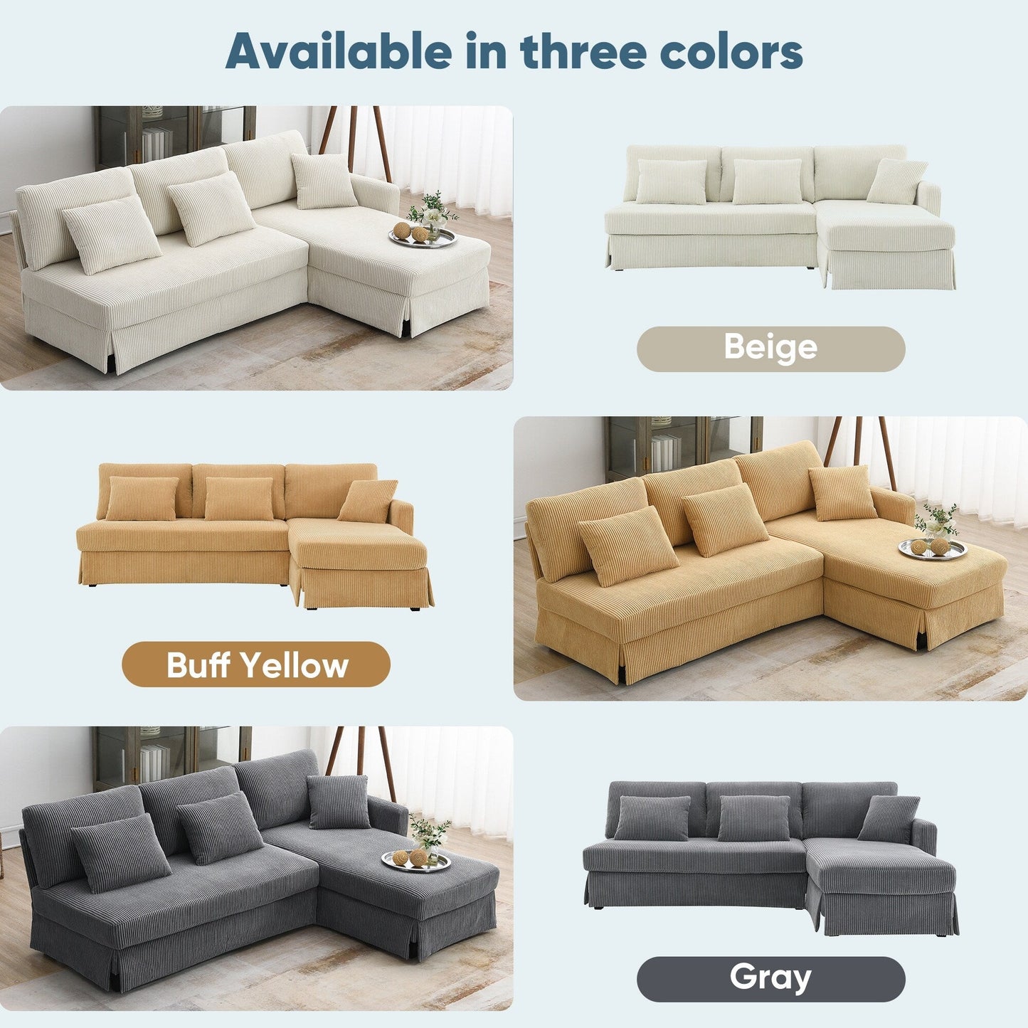 Yellow 87 L-Shaped 3-Seater Sofa with Reversible Chaise and 3 Cushions, Space-Saving Design for Living Room