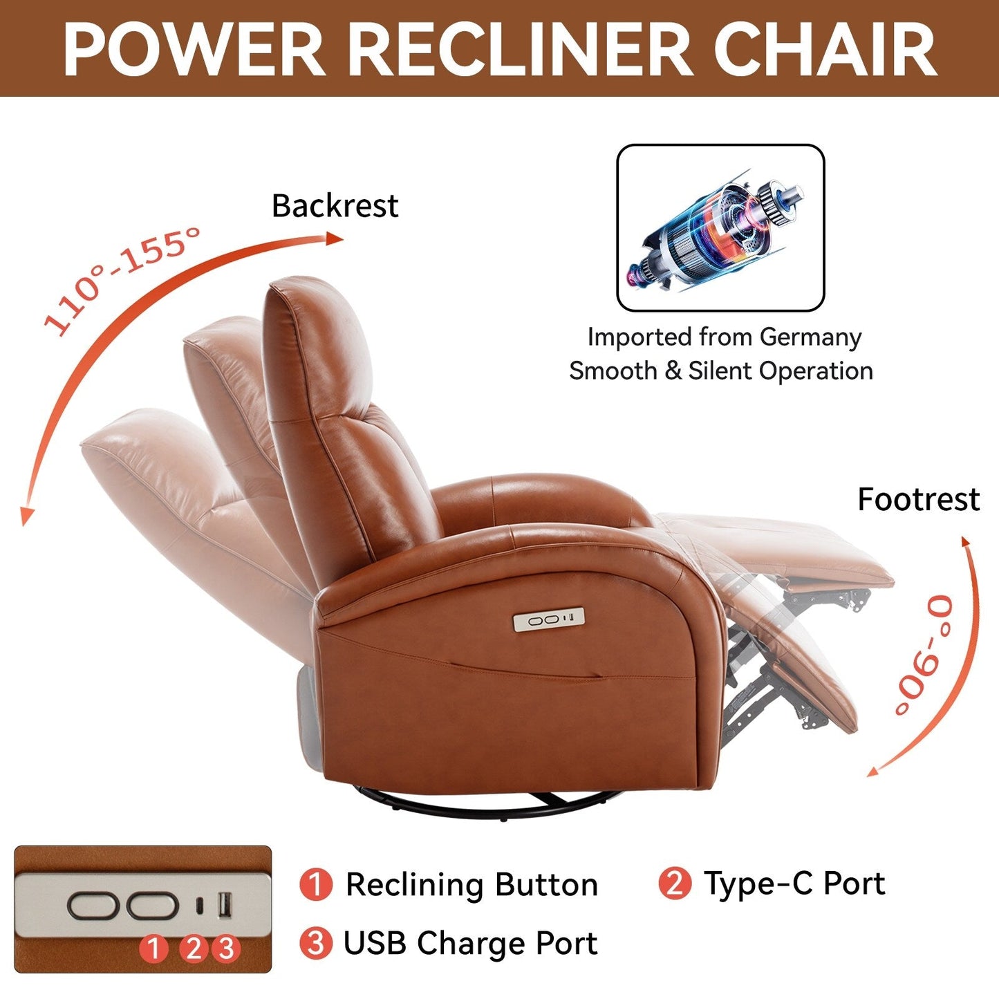Yellow Brown Genuine Leather 270Â° Swivel Glider Rocker Power Recliner with 2 Side Pockets, USB & Type-C Ports