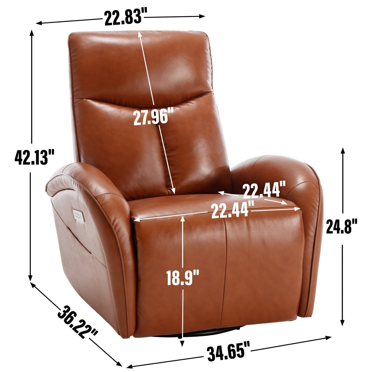 Yellow Brown Genuine Leather 270Â° Swivel Glider Rocker Power Recliner with 2 Side Pockets, USB & Type-C Ports