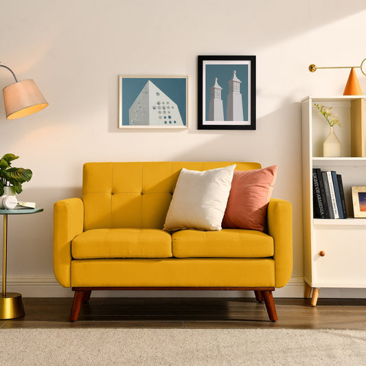Yellow Mid Century Modern 53 Foam Button Tufted Upholstered Loveseat Sofa with solid iron legs for Living Room