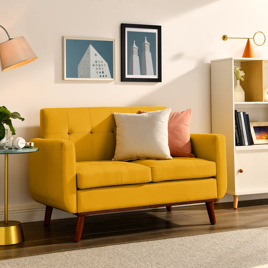 Yellow Mid Century Modern 53 Foam Button Tufted Upholstered Loveseat Sofa with solid iron legs for Living Room
