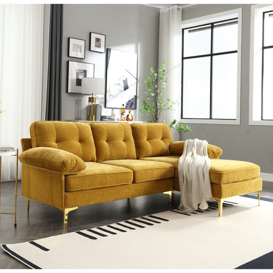 Yellow Modern 85'' Fabric L-Shaped 3 Seat Sofa, with High-Quality Wood Frame, Spring Cushions, Waist Pillows, Classic Design