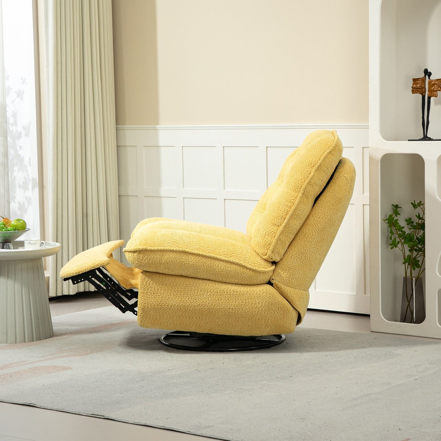 Yellow Oversized Chenille Upholstered 360Â° Swivel Glider Rocking Manual Recliner with Extended Footrest and Tufted Back