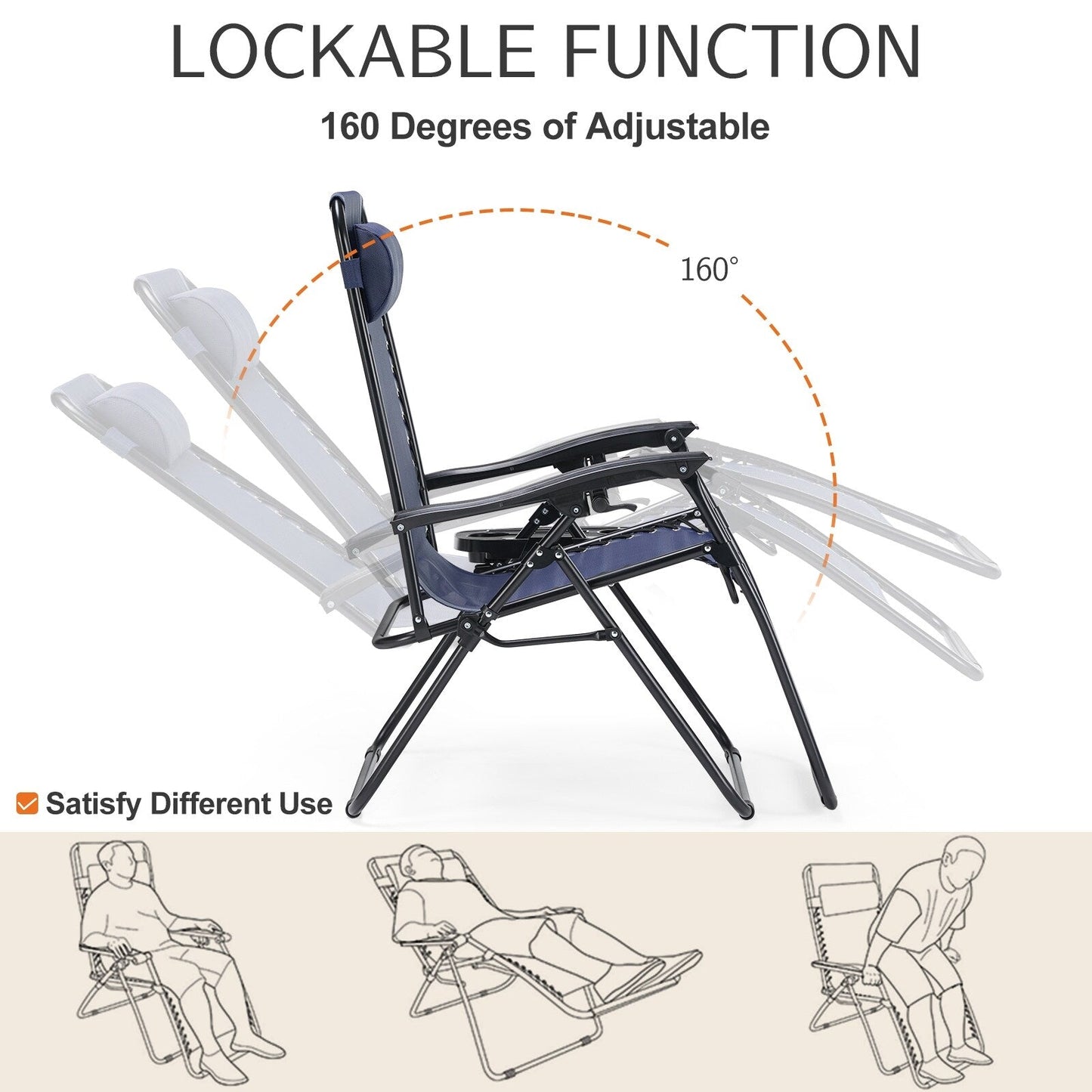 Zero Gravity Lounge Chair Outdoor Patio Folding Recliners with Headrest, Cup Holder and Removable Tray