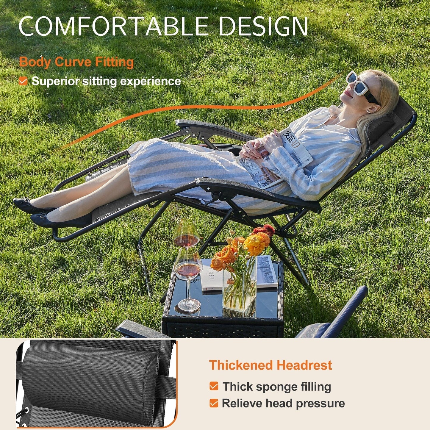 Zero Gravity Lounge Chair Outdoor Patio Folding Recliners with Headrest, Cup Holder and Removable Tray