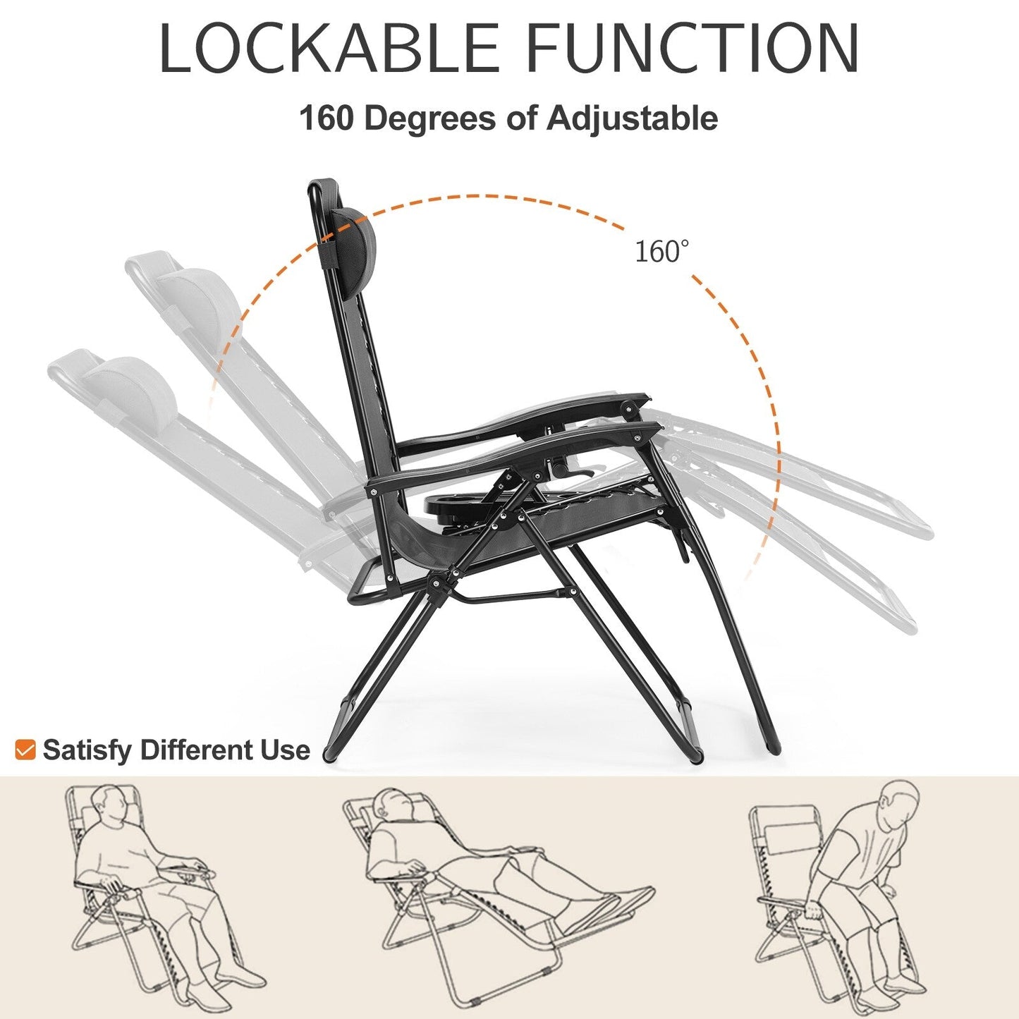 Zero Gravity Lounge Chair Outdoor Patio Folding Recliners with Headrest, Cup Holder and Removable Tray