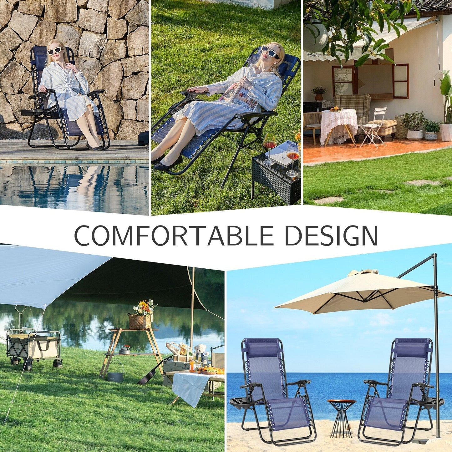 Zero Gravity Lounge Chair Outdoor Patio Folding Recliners with Headrest, Cup Holder and Removable Tray