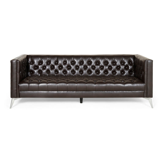 Zexy Sofa, 3 Seater Button Tufted Chesterfield Rich Brown Faux Leather