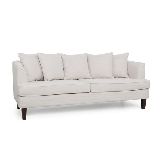 Zuko 74 Inch 3 Seater Sofa, Beige Fabric, 5 Accent Pillows, Wood Legs